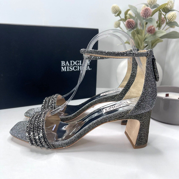 Badgley Mischka Kameryn Open Toe Block Heel Sandal Pewter Women's 8 NWB - Picture 3 of 12